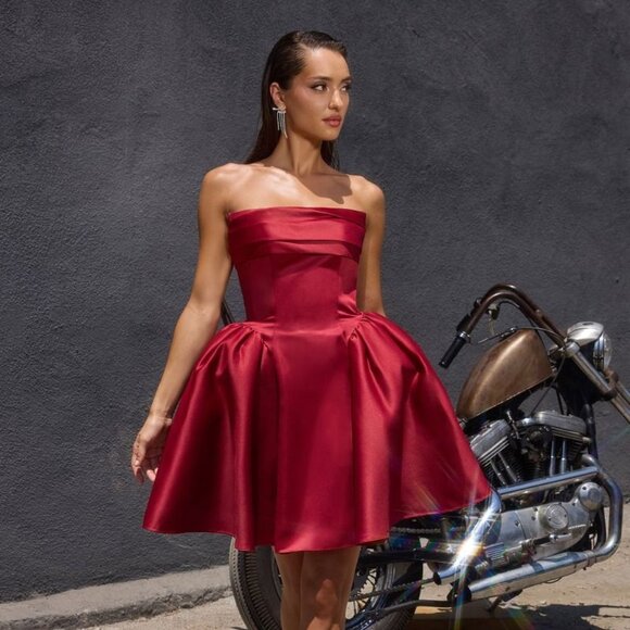 New Strapless Mini A-Line Satin Gown w/ Pleated Bodice & Straight Neck CD KV1133 - Picture 1 of 10